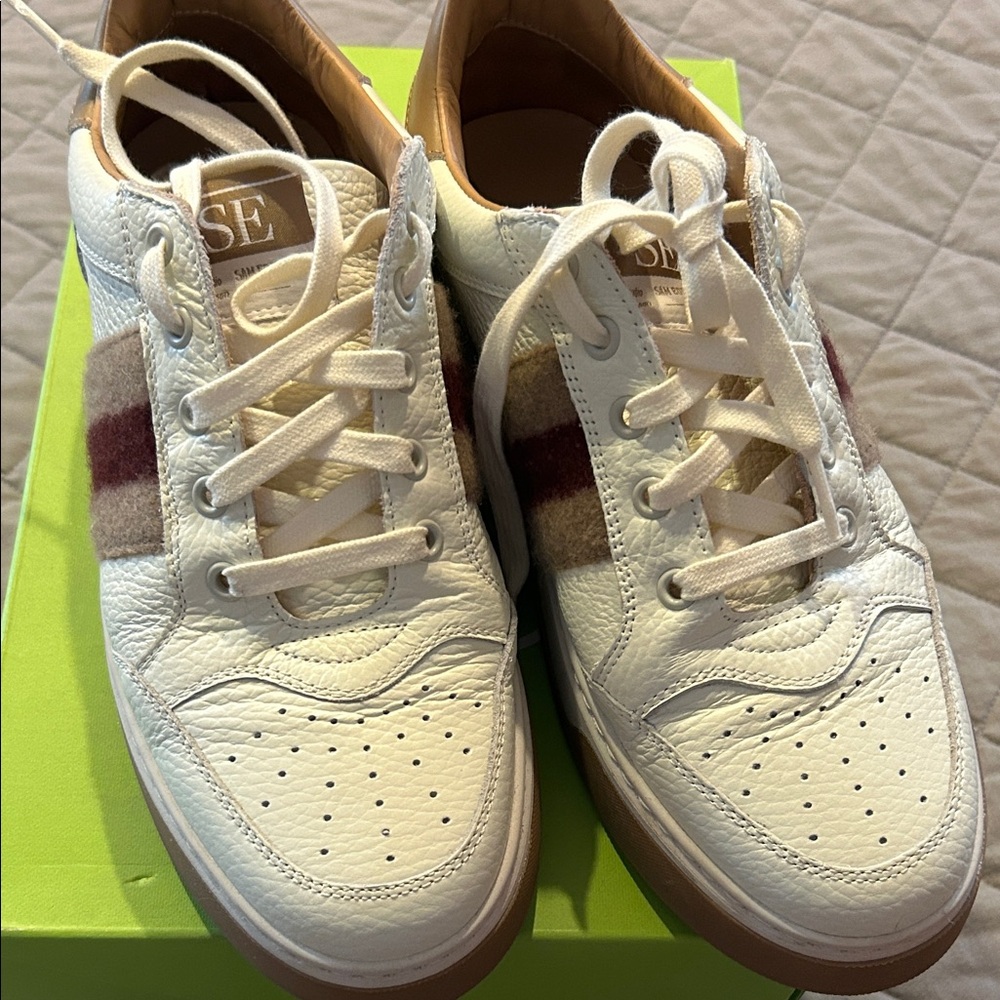Sam Edelman White Leather Sneakers with Brown and Burgundy Plaid